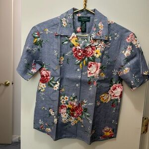 Lauren Ralph Lauren blue background flowered short sleeved camp shirt, size 4P